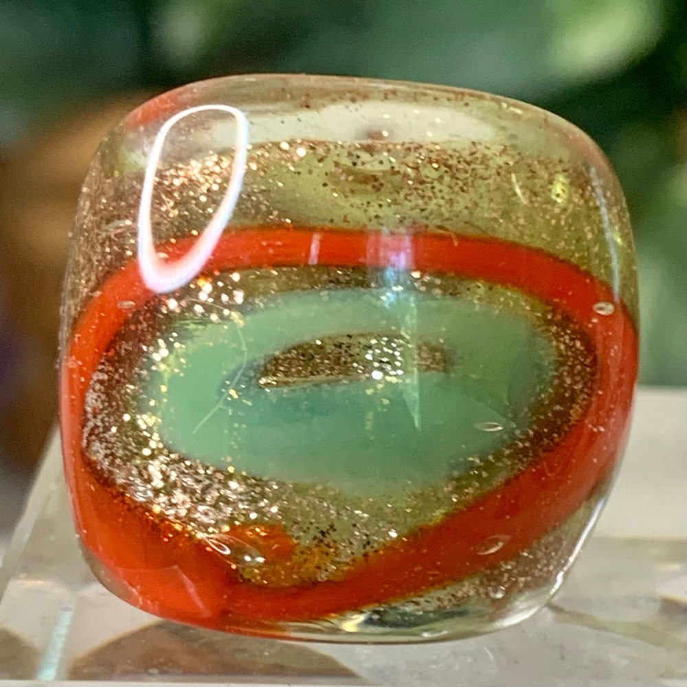 Murano Style Solid Glass Hand Blown Artisan Dome Ring Green Orange Swirl 4.5 VTG